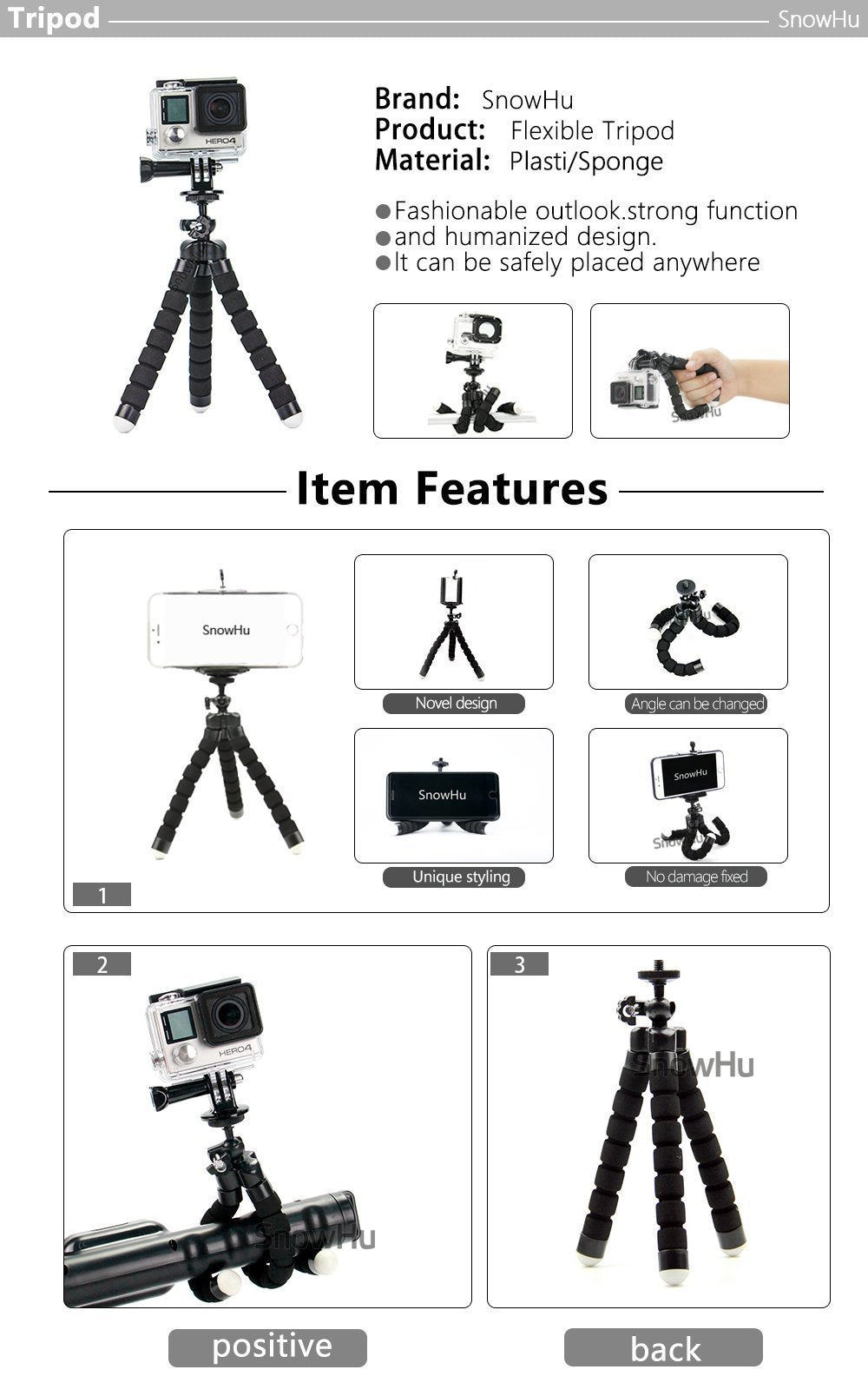 SnowHu Mini Flexible Sponge Octopus Tripod For iPhone Xiaomi Huawei Smartphone Tripod for Gopro8 7 6 5 Accessory With Phone LD06